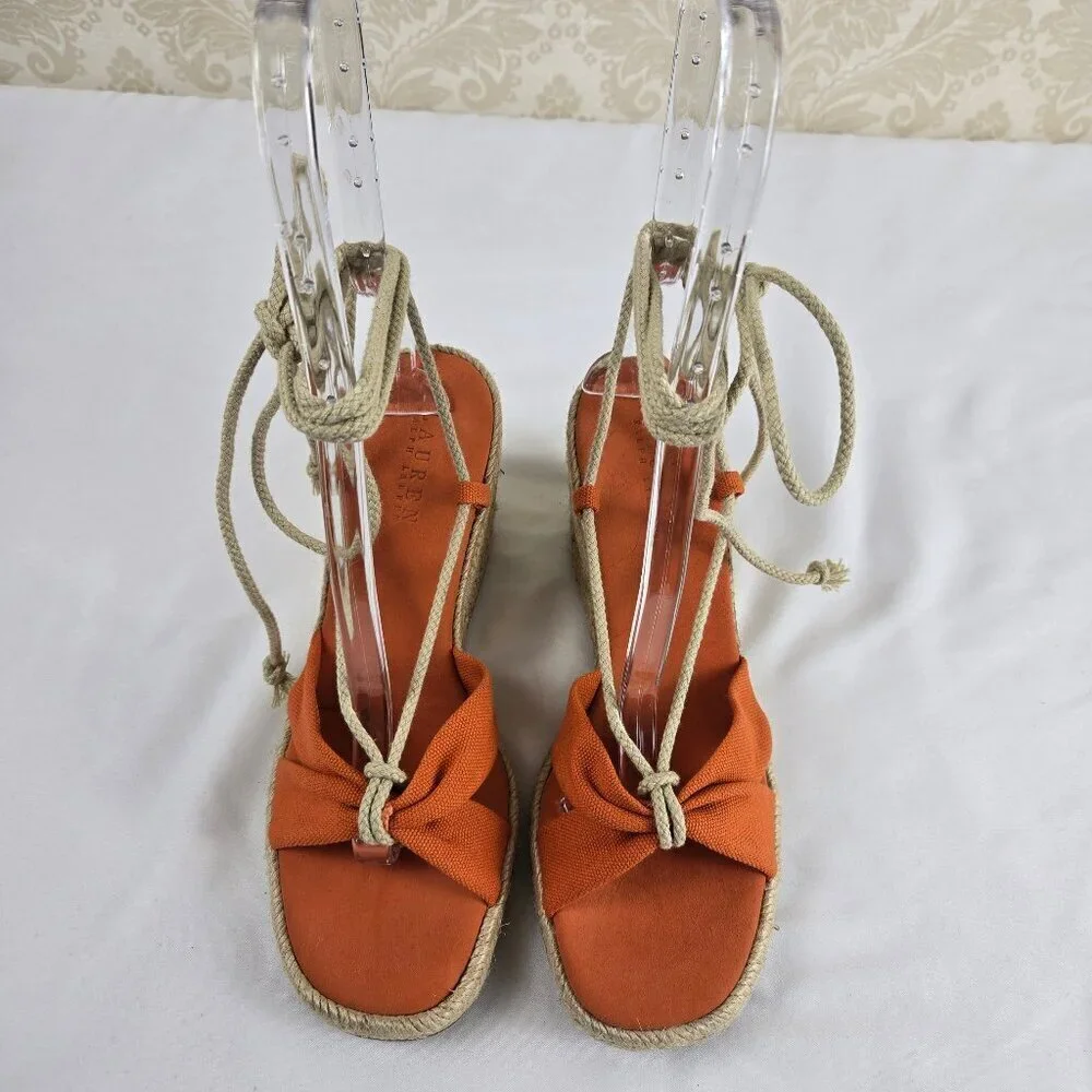 Lauren Ralph Lauren Size 8B Amelie Orange Lace Up Sandals Espadrille Wedge Heels